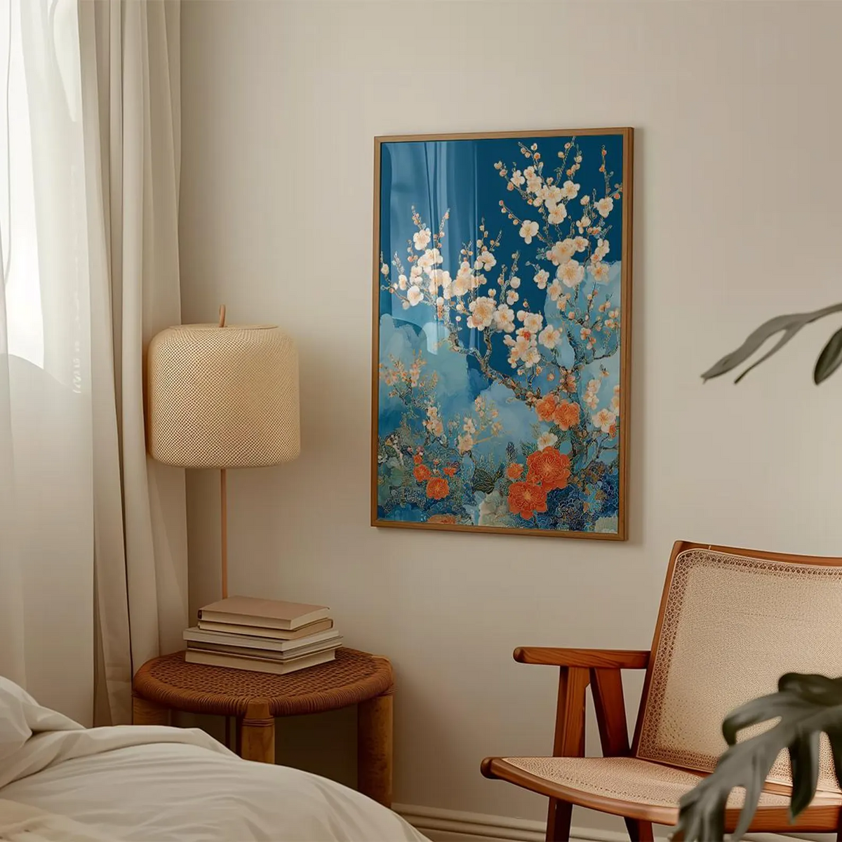 Plakat z kwiatami brzoskwini | Niebieska grafika ścienna z motywem kwiatowym | Ilustracja botaniczna w japońskim stylu