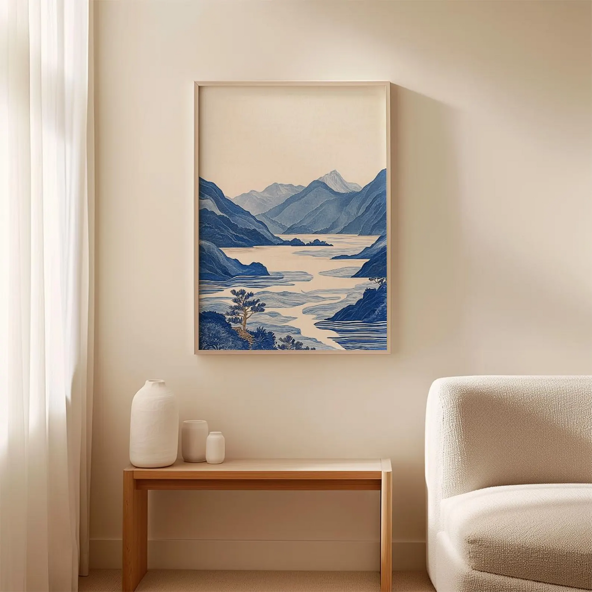 Plakat z niebieskimi górami i jeziorem, grafika ścienna z japońskim krajobrazem, minimalistyczna grafika z motywem natury