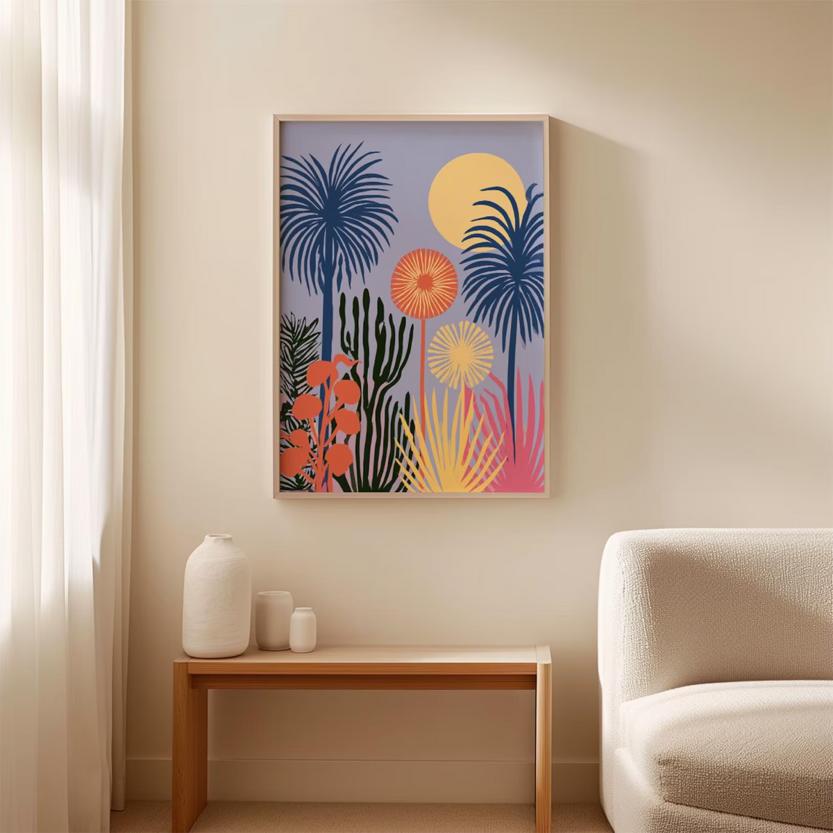 Plakat z abstrakcyjnym ogrodem tropikalnym, kolorowa grafika botaniczna na ścianę