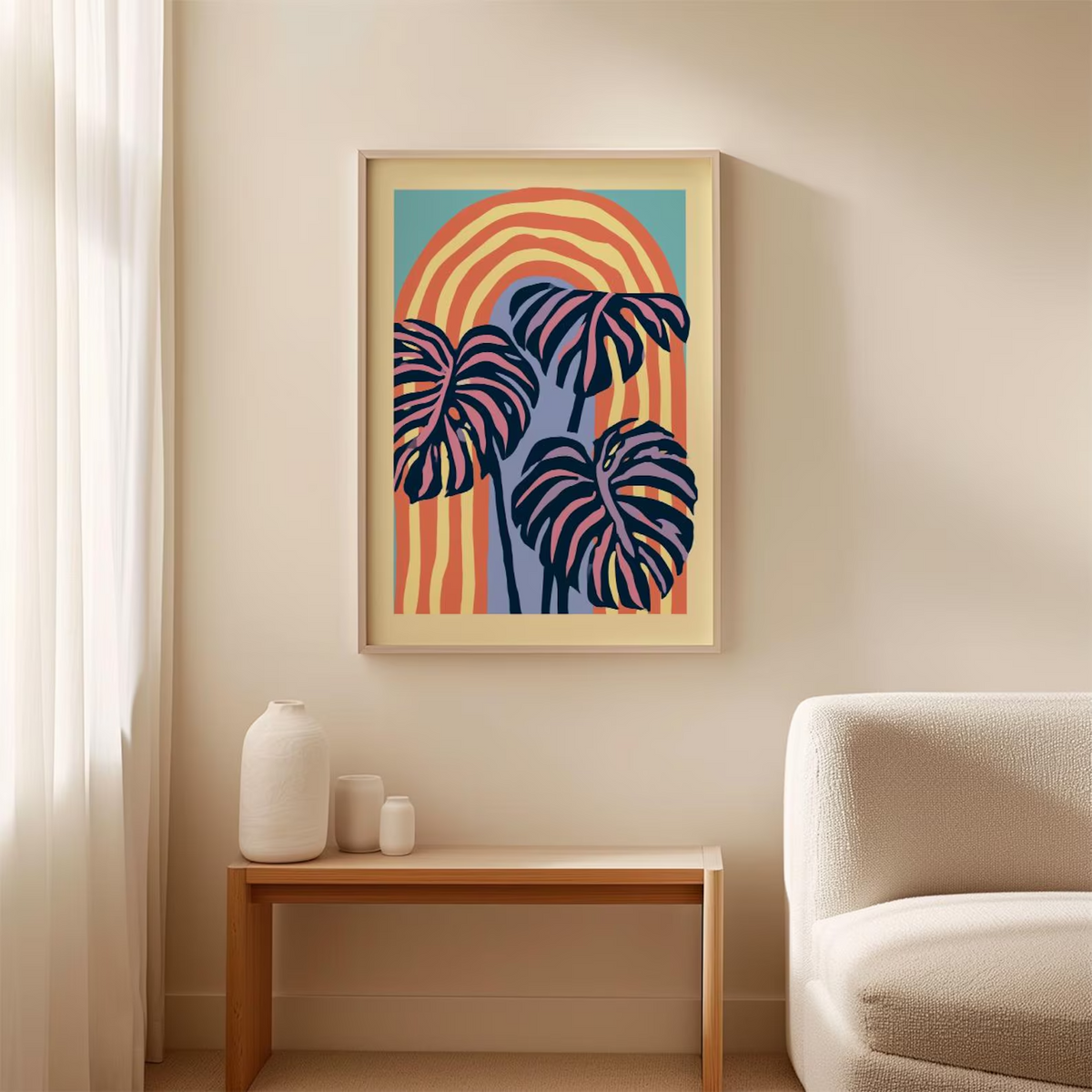 Plakat z abstrakcyjnym motywem tropikalnych liści, grafika botaniczna na ścianę w stylu retro