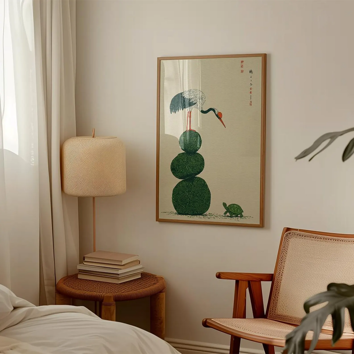 Grafika ścienna z żurawiem i żółwiem, plakat z japońską symboliką, minimalistyczna ilustracja przyrodnicza