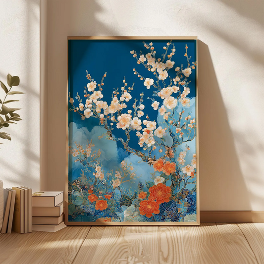 Plakat z kwiatami brzoskwini | Niebieska grafika ścienna z motywem kwiatowym | Ilustracja botaniczna w japońskim stylu