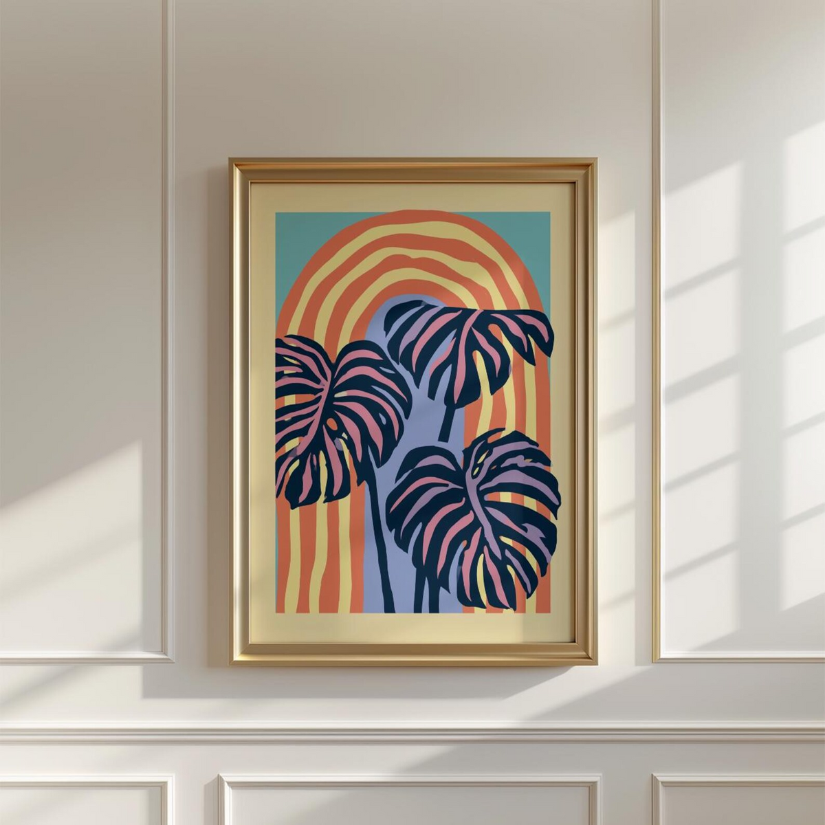 Plakat z abstrakcyjnym motywem tropikalnych liści, grafika botaniczna na ścianę w stylu retro