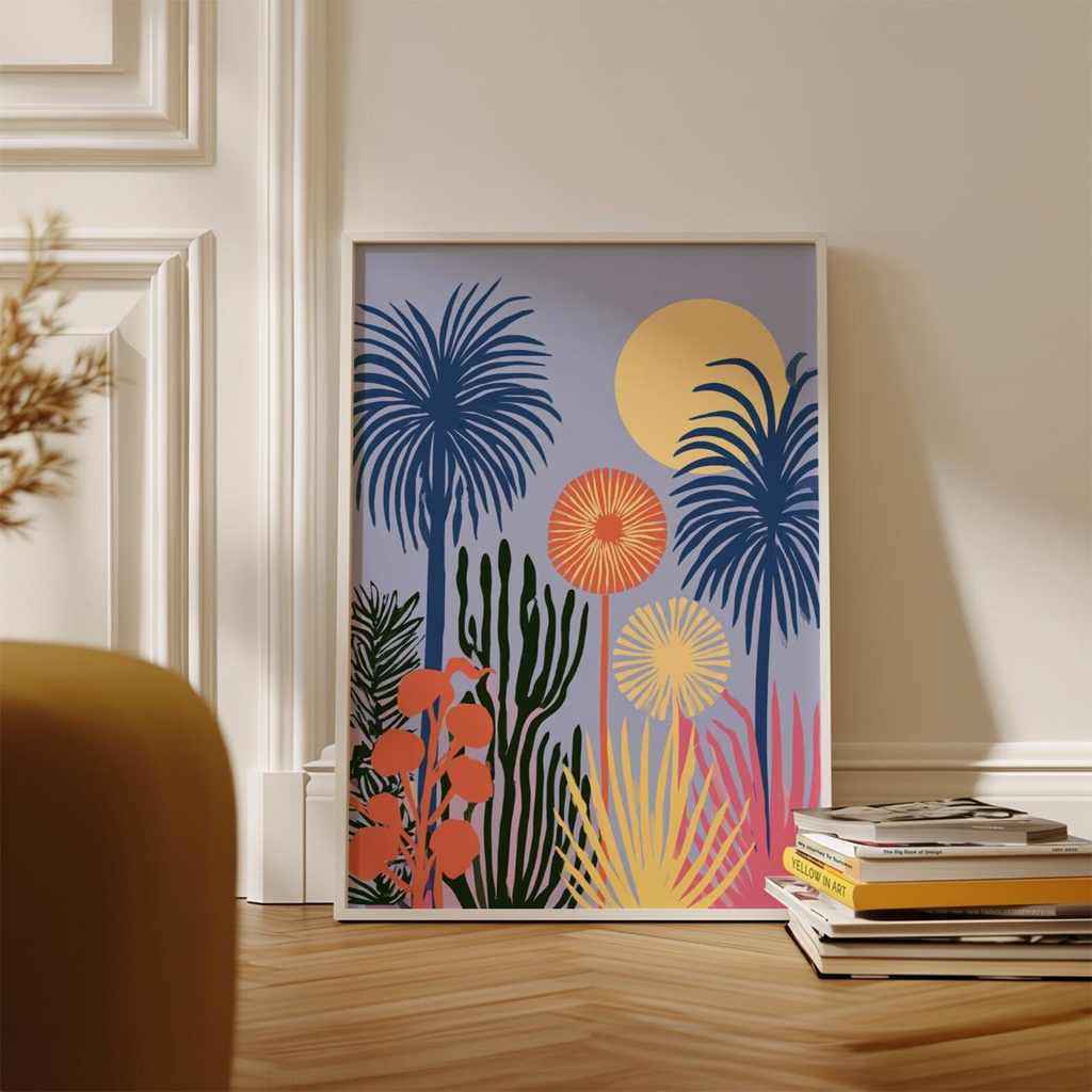 Plakat z abstrakcyjnym ogrodem tropikalnym, kolorowa grafika botaniczna na ścianę