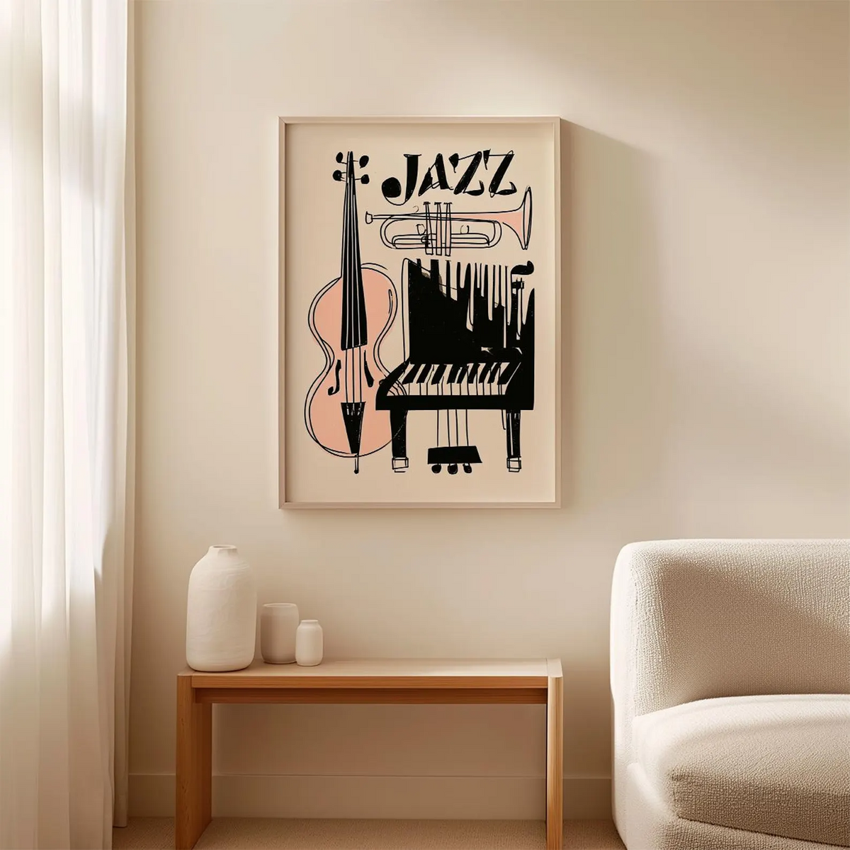 Plakat jazzowy, abstrakcyjna grafika ścienna z instrumentami muzycznymi, wydruk na papierze