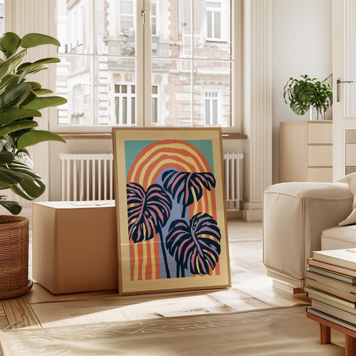 Plakat z abstrakcyjnym motywem tropikalnych liści, grafika botaniczna na ścianę w stylu retro