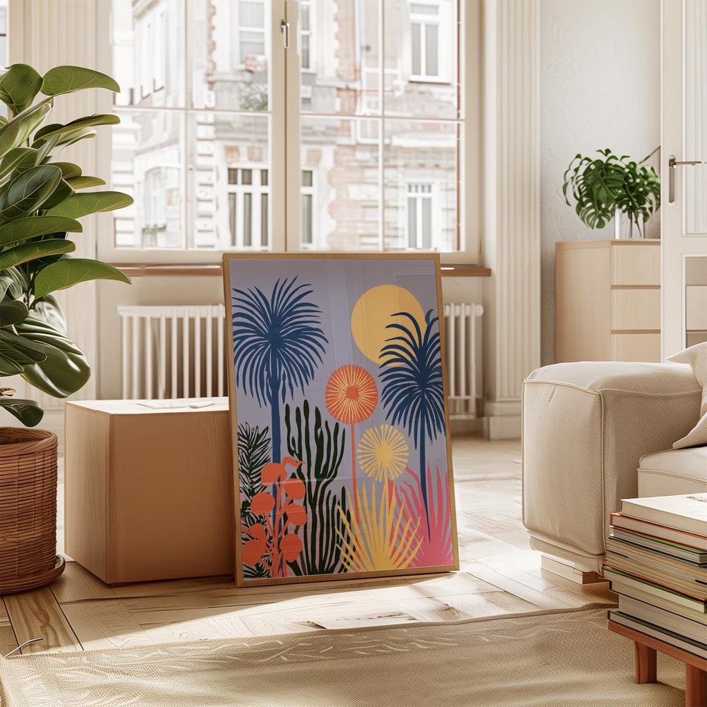 Plakat z abstrakcyjnym ogrodem tropikalnym, kolorowa grafika botaniczna na ścianę