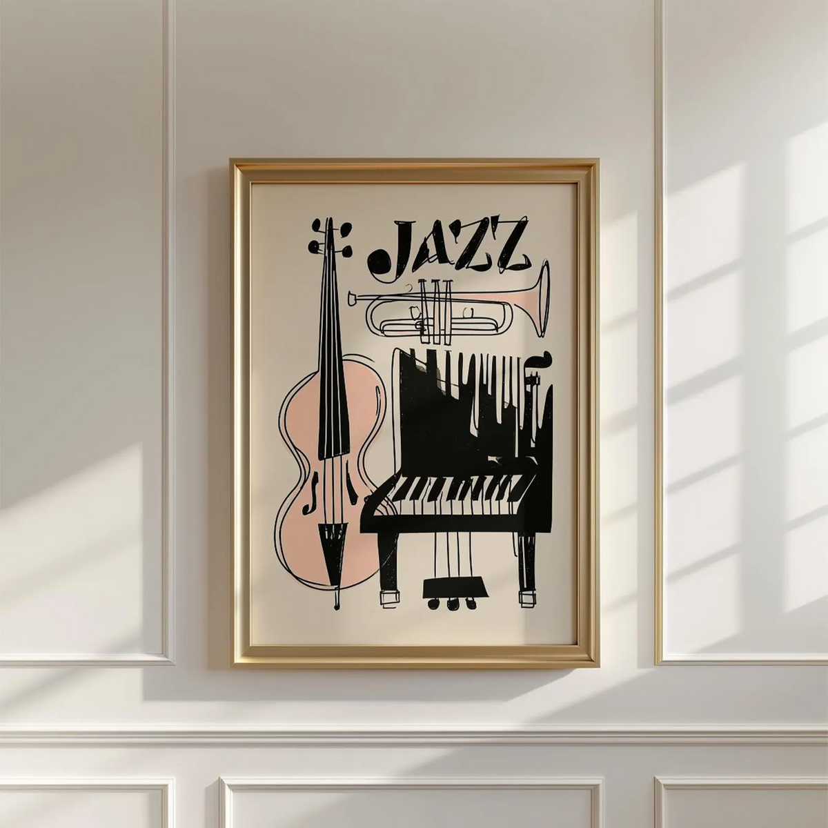 Plakat jazzowy, abstrakcyjna grafika ścienna z instrumentami muzycznymi, wydruk na papierze