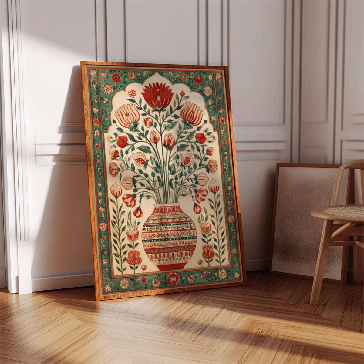 Grafika ścienna z perskim motywem kwiatowym, czerwono-zielony plakat z orientalnym wazonem, grafika z bliskowschodnim wzorem botanicznym