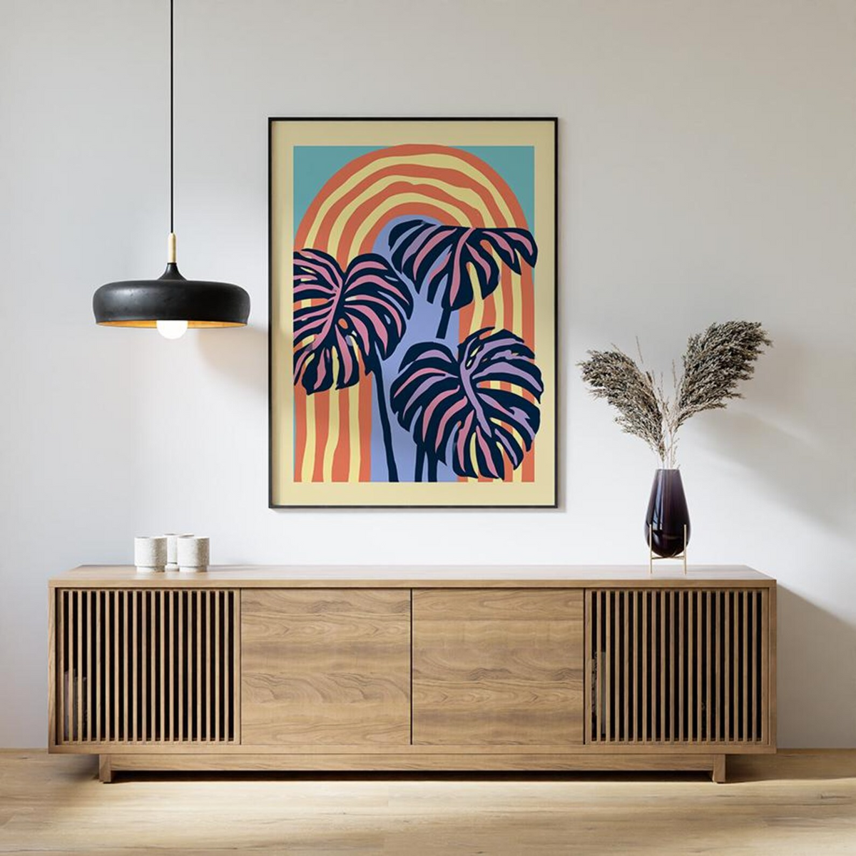 Plakat z abstrakcyjnym motywem tropikalnych liści, grafika botaniczna na ścianę w stylu retro