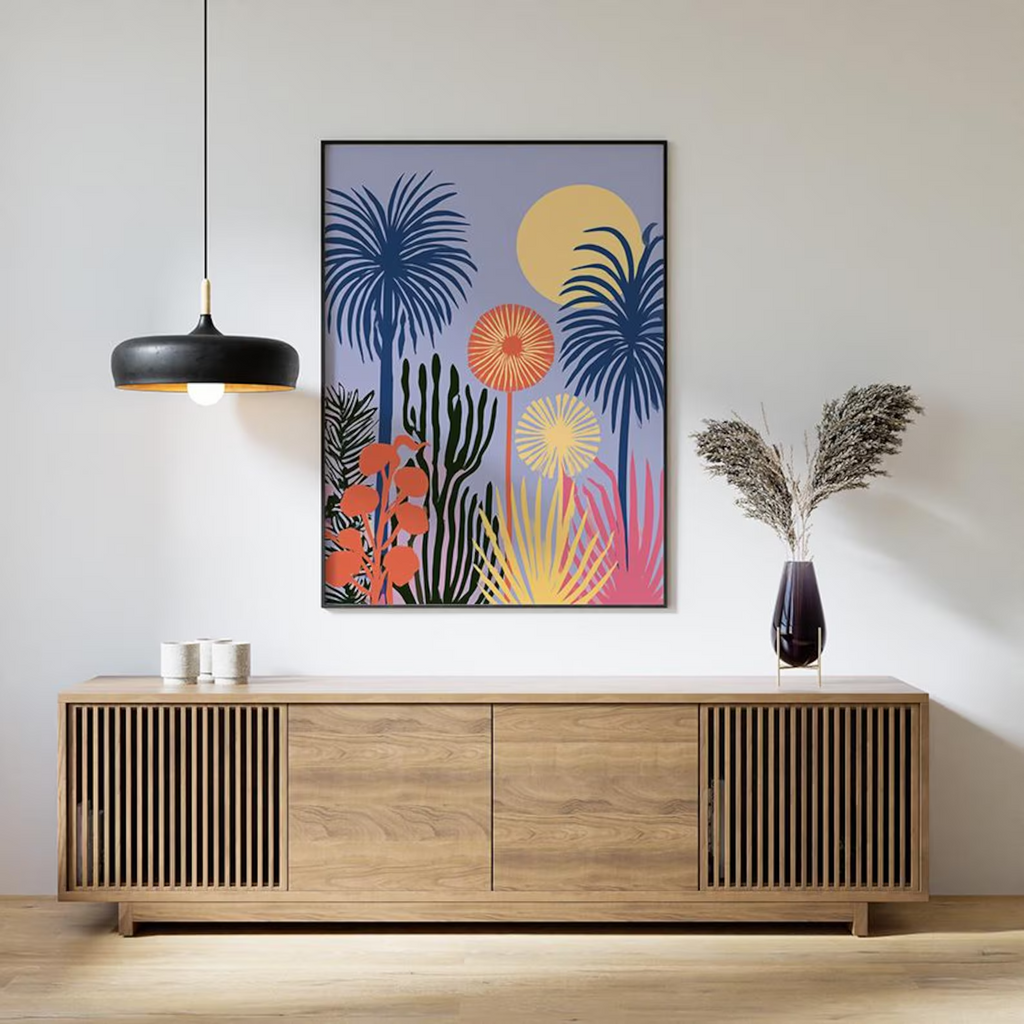 Plakat z abstrakcyjnym ogrodem tropikalnym, kolorowa grafika botaniczna na ścianę