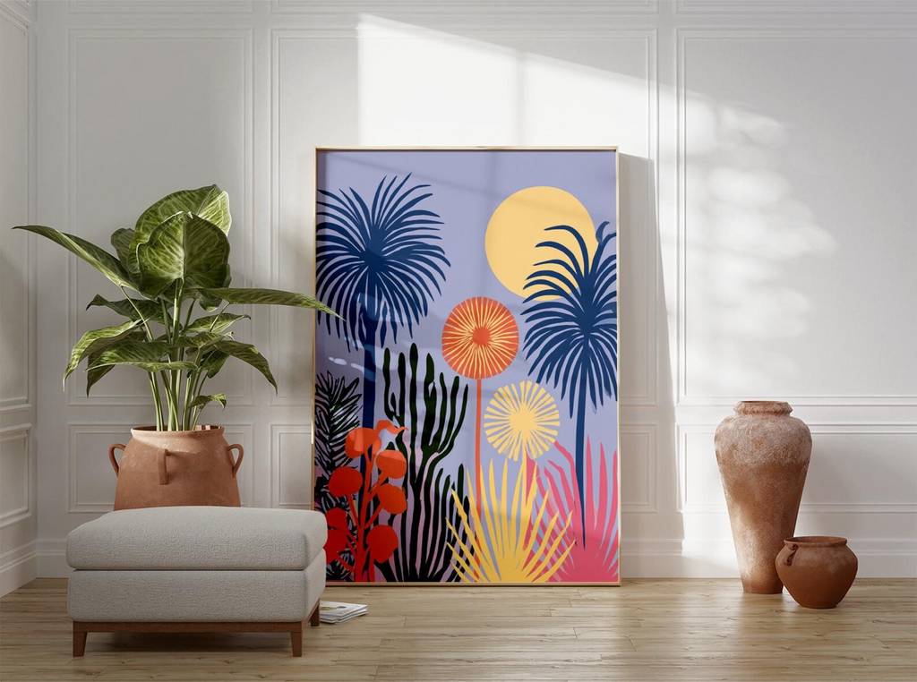 Plakat z abstrakcyjnym ogrodem tropikalnym, kolorowa grafika botaniczna na ścianę
