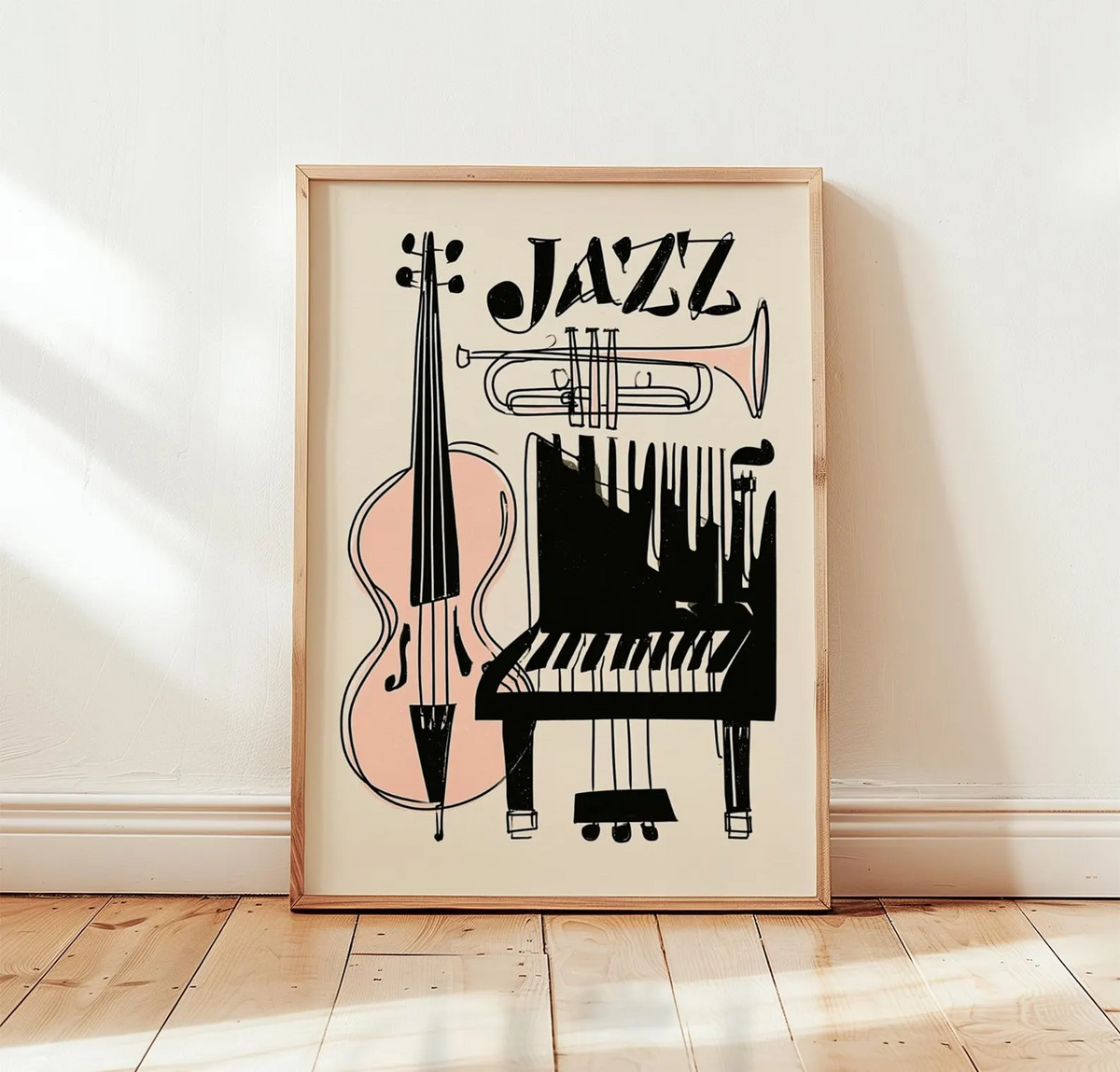 Plakat jazzowy, abstrakcyjna grafika ścienna z instrumentami muzycznymi, wydruk na papierze