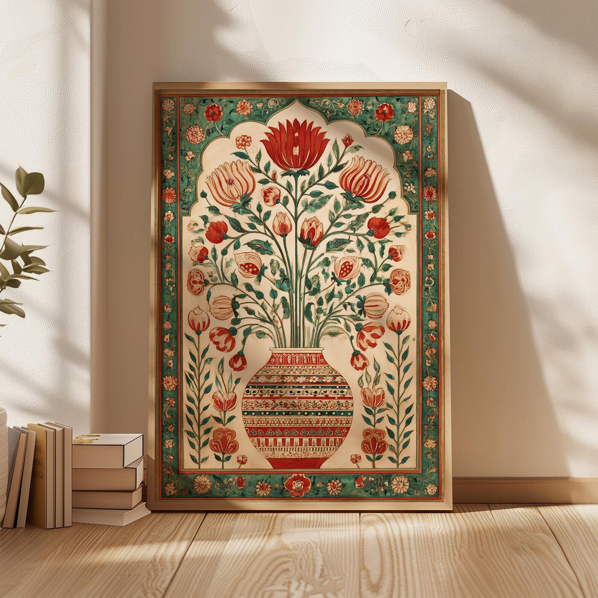 Grafika ścienna z perskim motywem kwiatowym, czerwono-zielony plakat z orientalnym wazonem, grafika z bliskowschodnim wzorem botanicznym