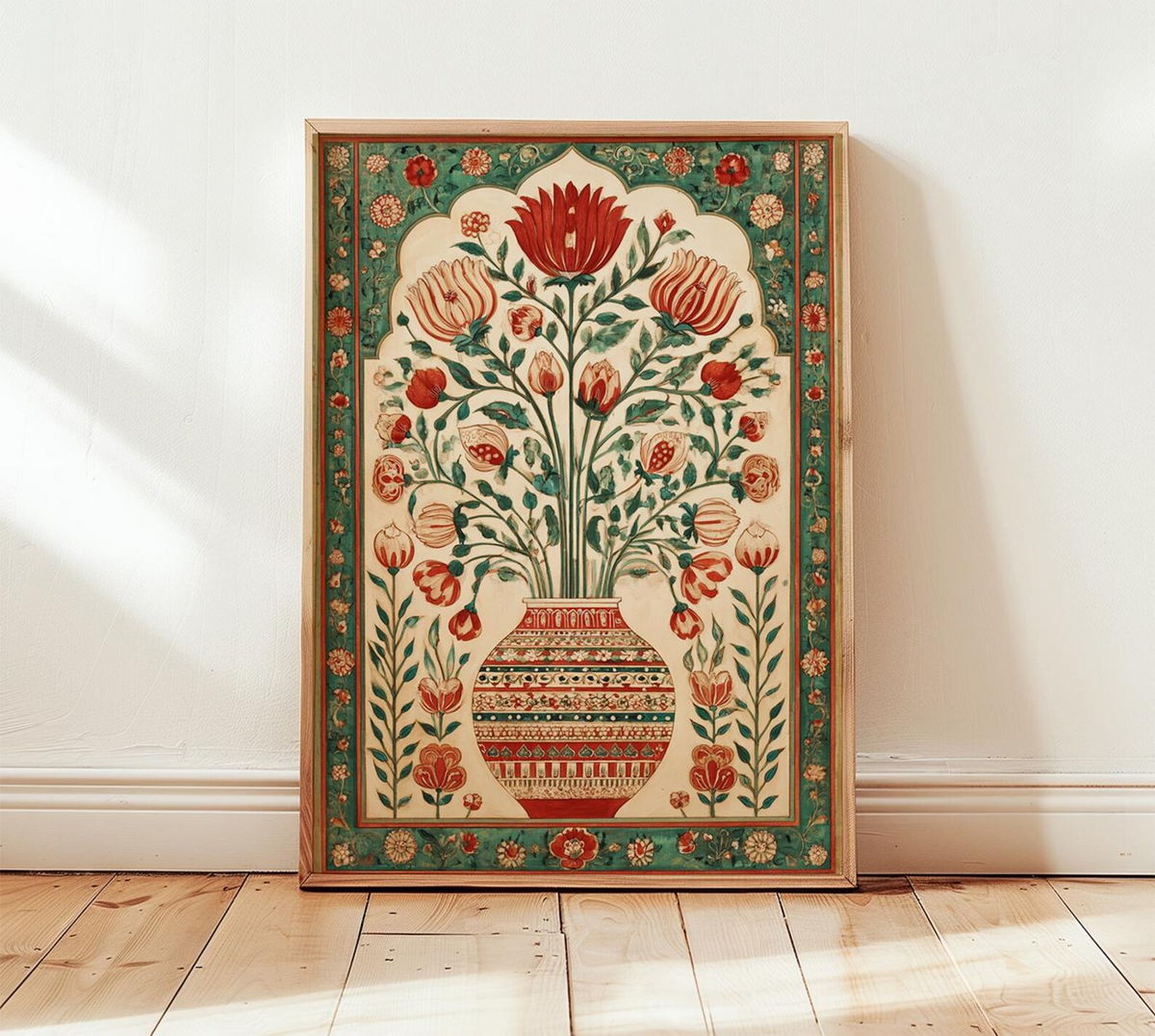 Grafika ścienna z perskim motywem kwiatowym, czerwono-zielony plakat z orientalnym wazonem, grafika z bliskowschodnim wzorem botanicznym