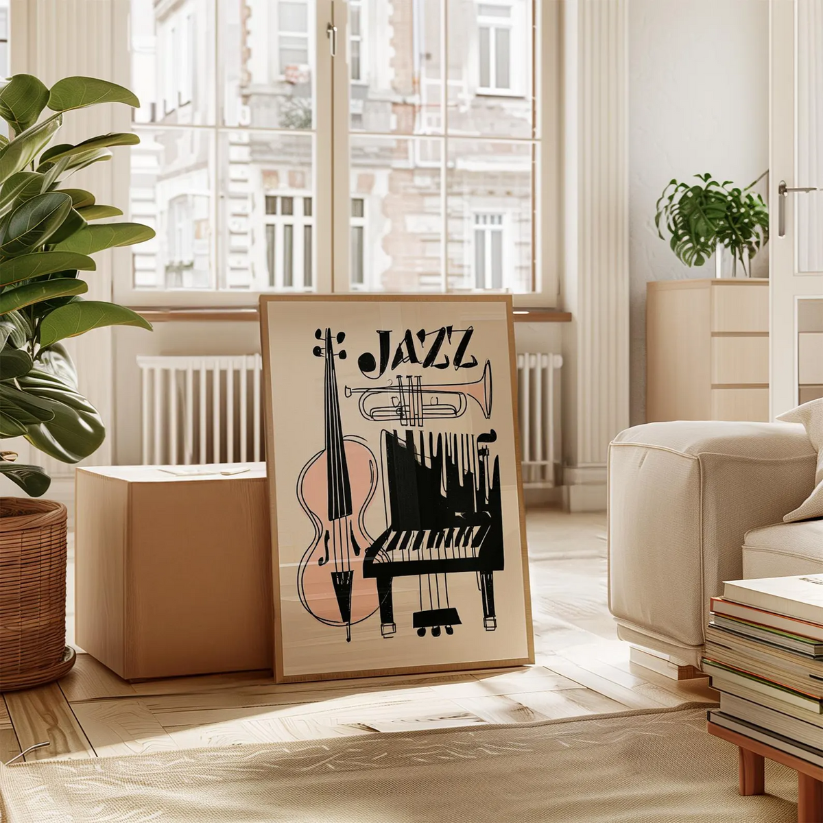 Plakat jazzowy, abstrakcyjna grafika ścienna z instrumentami muzycznymi, wydruk na papierze