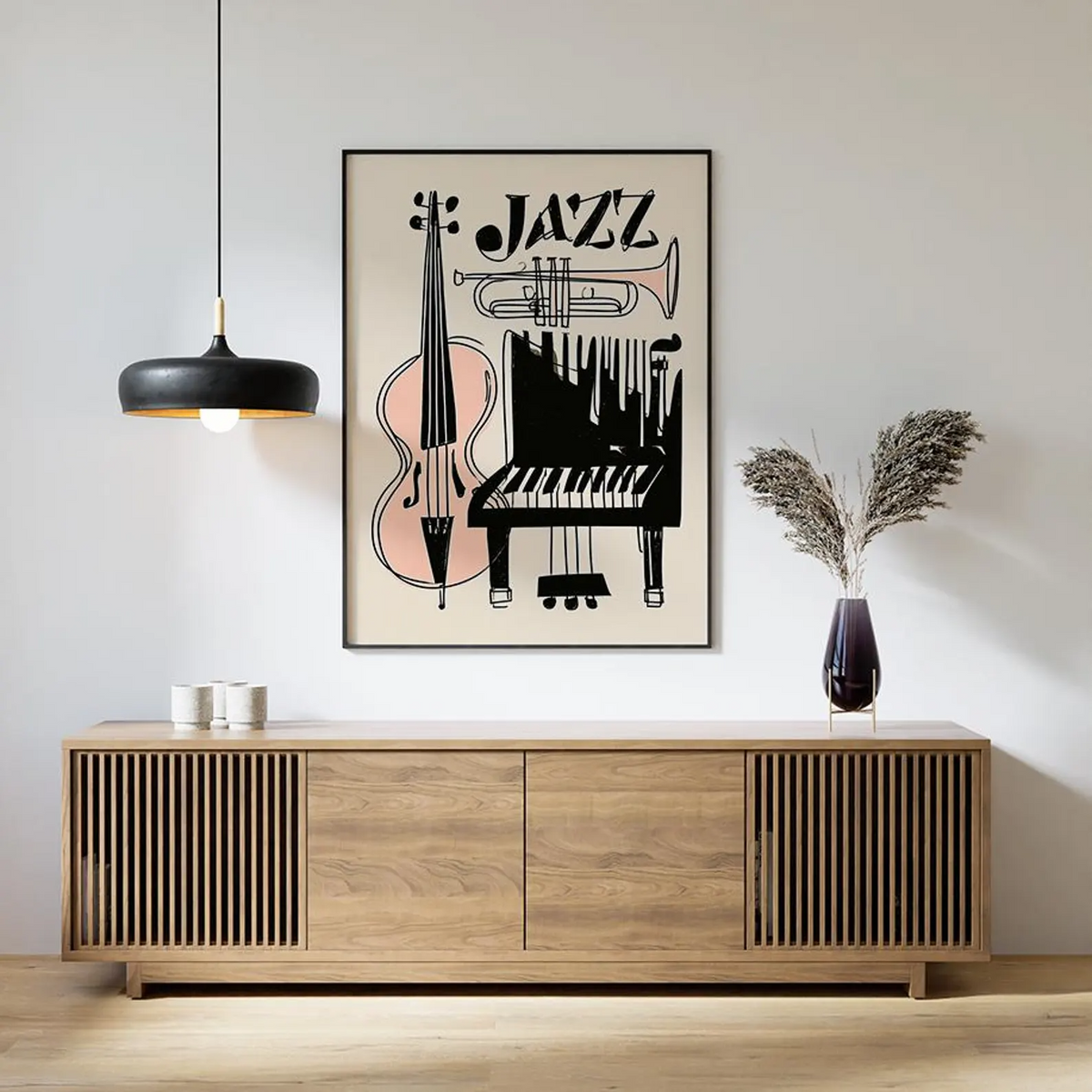Plakat jazzowy, abstrakcyjna grafika ścienna z instrumentami muzycznymi, wydruk na papierze