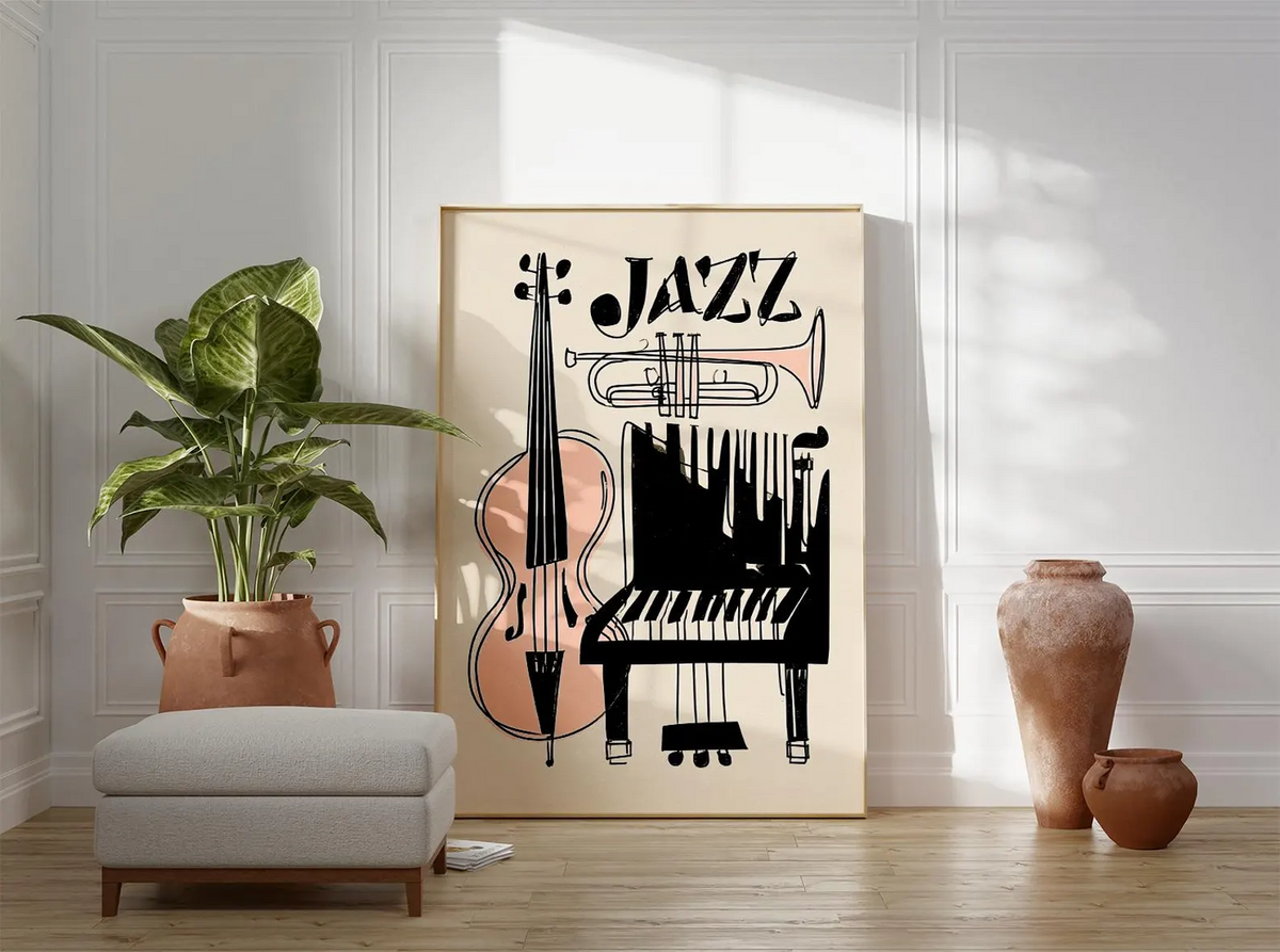 Plakat jazzowy, abstrakcyjna grafika ścienna z instrumentami muzycznymi, wydruk na papierze