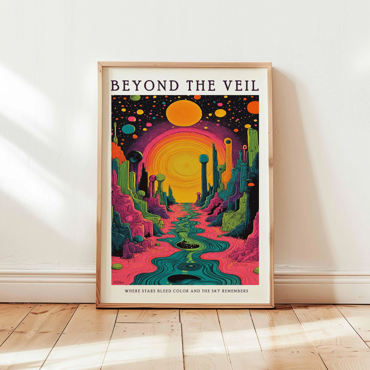 Plakat „Po drugiej stronie zasłony”, psychodeliczny kosmiczny krajobraz na ścianę, surrealistyczna grafika galaktyki w psychodelicznym stylu, wizjonerska dekoracja science fiction bez ramy