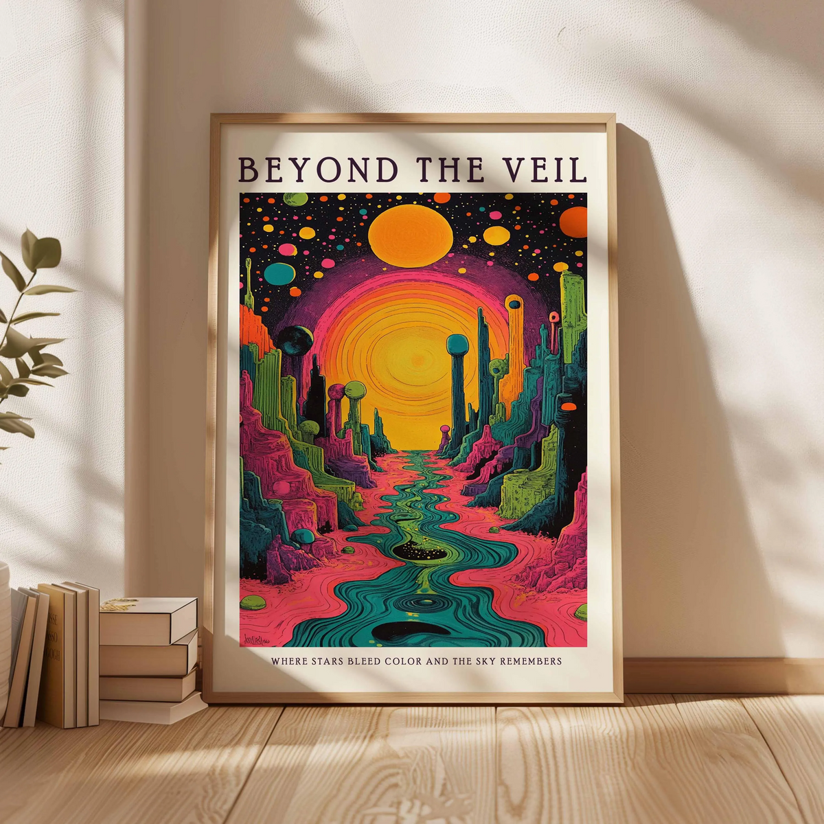 Plakat „Po drugiej stronie zasłony”, psychodeliczny kosmiczny krajobraz na ścianę, surrealistyczna grafika galaktyki w psychodelicznym stylu, wizjonerska dekoracja science fiction bez ramy