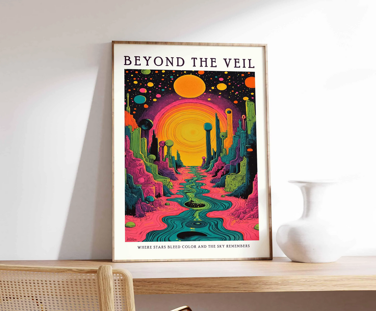 Plakat „Po drugiej stronie zasłony”, psychodeliczny kosmiczny krajobraz na ścianę, surrealistyczna grafika galaktyki w psychodelicznym stylu, wizjonerska dekoracja science fiction bez ramy