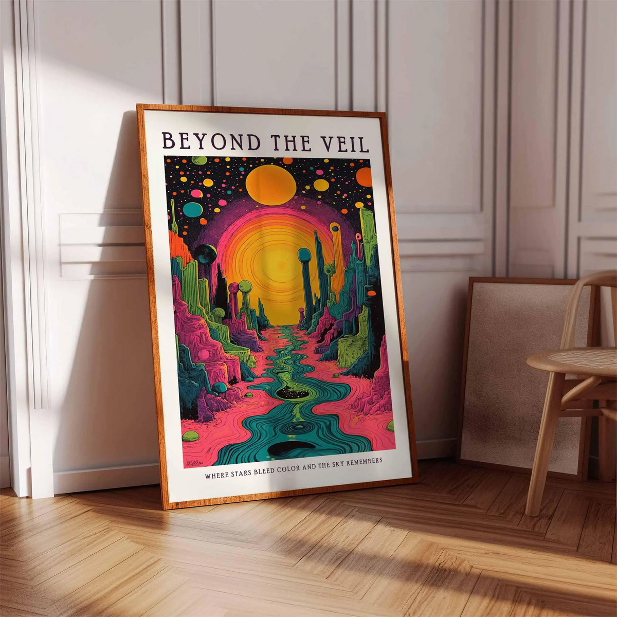Plakat „Po drugiej stronie zasłony”, psychodeliczny kosmiczny krajobraz na ścianę, surrealistyczna grafika galaktyki w psychodelicznym stylu, wizjonerska dekoracja science fiction bez ramy