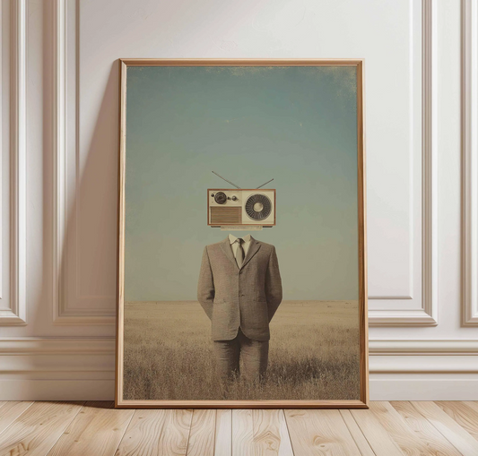 Surrealistyczny plakat z postacią z radiem zamiast głowy, surrealistyczna grafika w stylu retro, osobliwa dekoracja ścienna w stylu vintage, konceptualna sztuka absurdu, nietuzinkowy prezent dla niego