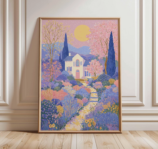 Plakat z fantazyjnym domkiem i ogrodem w odcieniach różu i fioletu, barwna ilustracja fantasy, maksymalistyczna dekoracja ścienna w stylu cottagecore na prezent