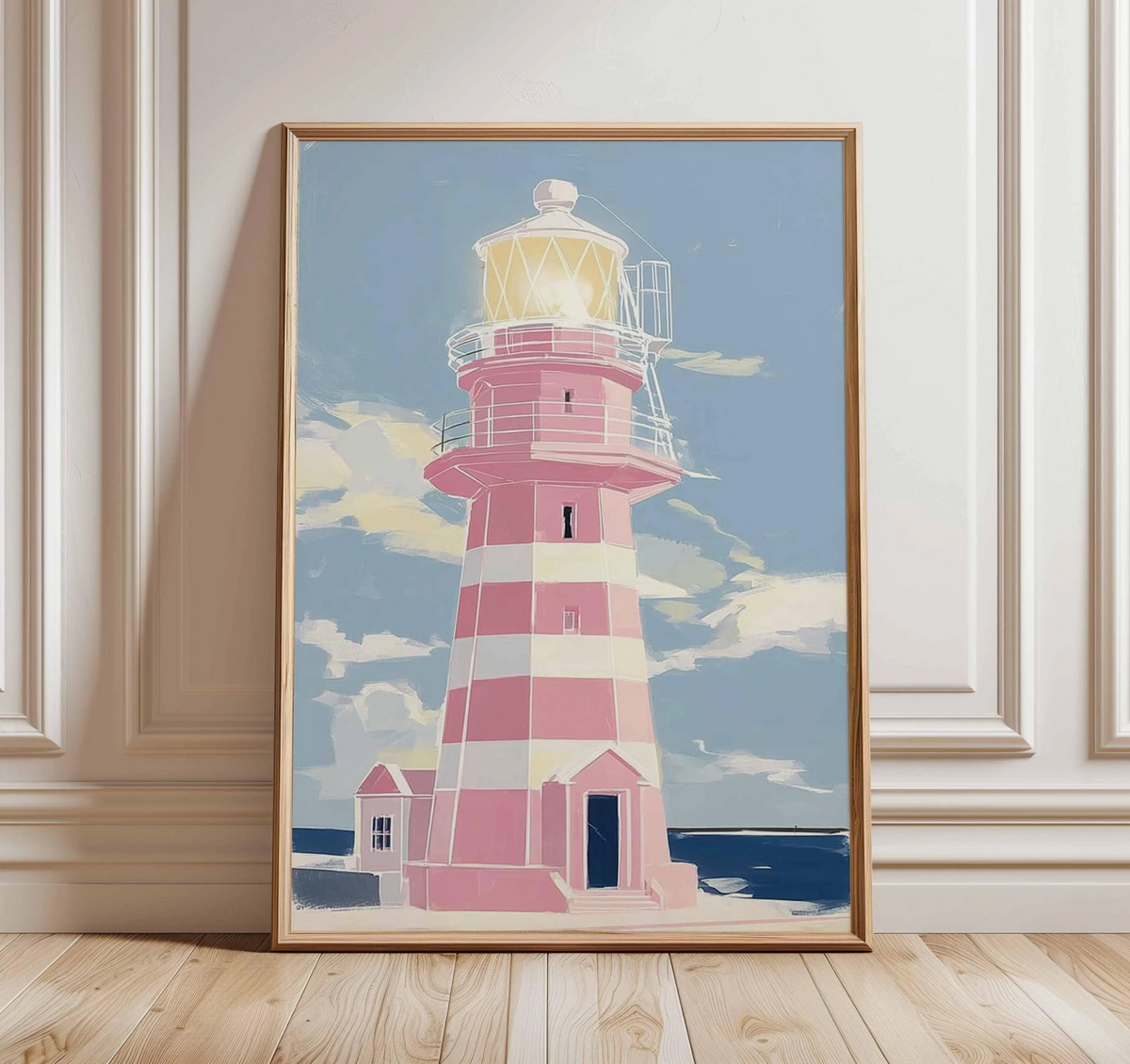 Plakat z różową latarnią morską, nowoczesne malarstwo o tematyce nadmorskiej, pastelowa dekoracja ścienna w stylu marynistycznym do domu nad morzem, wyjątkowy prezent