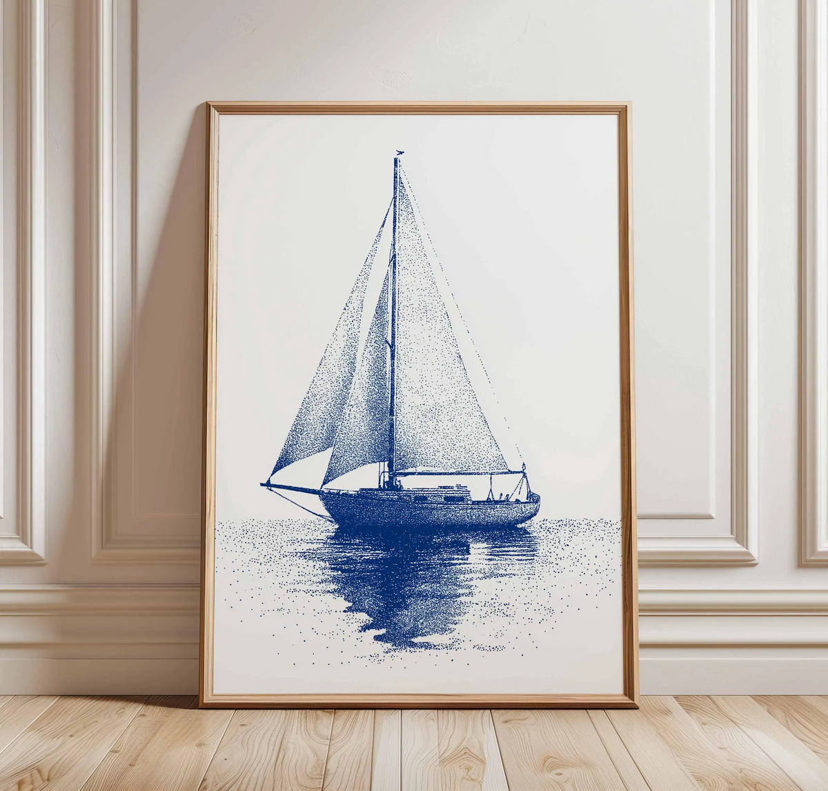 Niebieska grafika marynistyczna z żaglówką – minimalistyczna grafika ścienna z motywem oceanu, pointylistyczna ilustracja łodzi, plakat w stylu nadmorskim dla miłośników morza