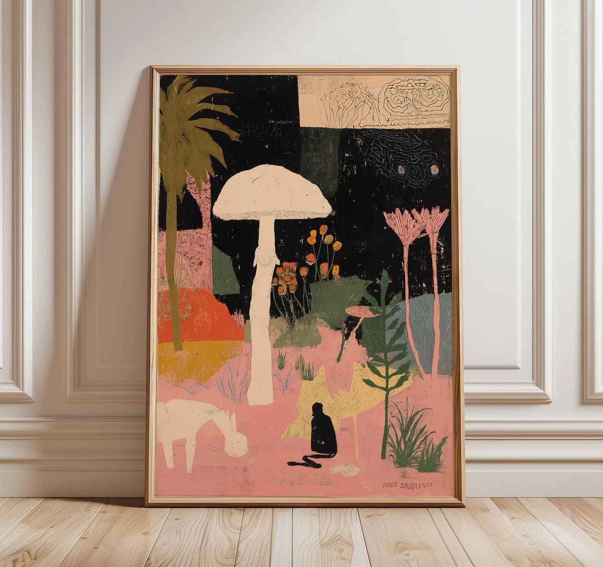 Surrealistyczny plakat z grzybami, fantazyjna grafika ścienna z motywem natury, ilustracja fantasy, psychodeliczna grafika w stylu boho, mistyczna dekoracja z motywem lasu i zwierząt