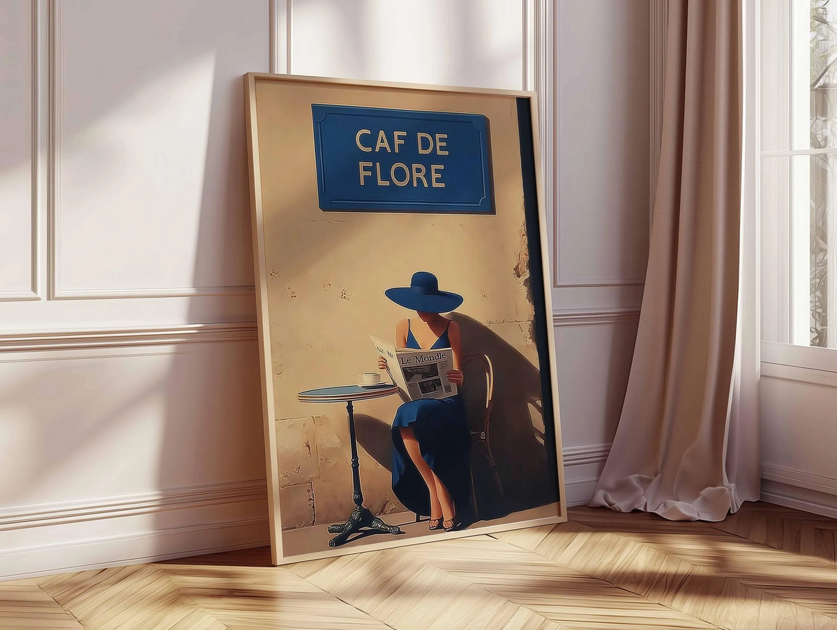 Grafika z kobietą w paryskiej kawiarni, plakat w stylu vintage, dekoracja ścienna do kuchni w paryskim stylu, prezent dla miłośnika kawy