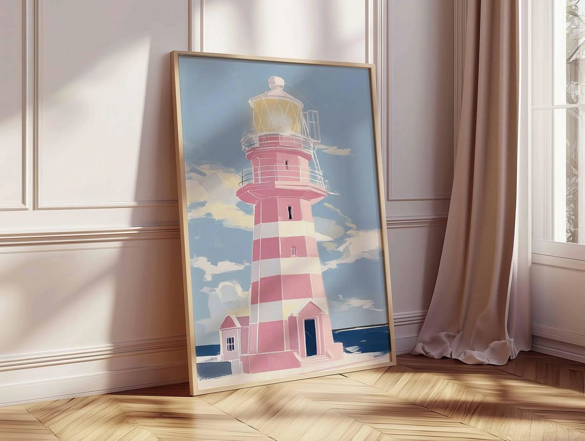 Plakat z różową latarnią morską, nowoczesne malarstwo o tematyce nadmorskiej, pastelowa dekoracja ścienna w stylu marynistycznym do domu nad morzem, wyjątkowy prezent