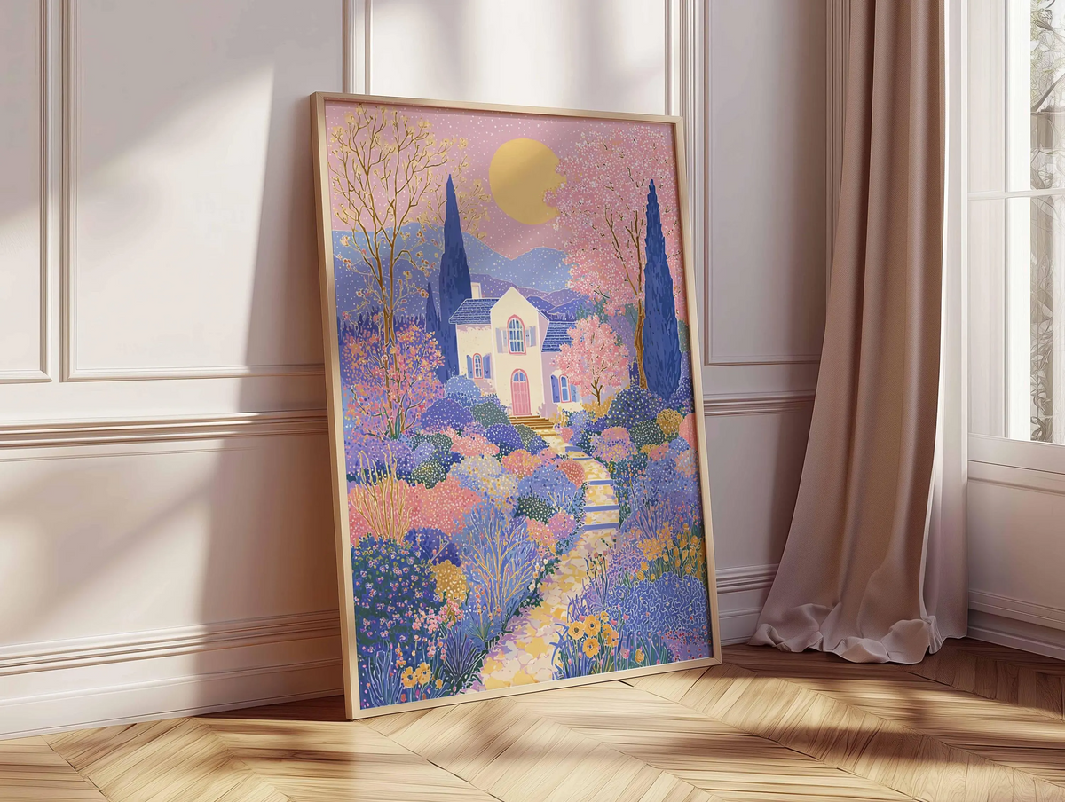 Plakat z fantazyjnym domkiem i ogrodem w odcieniach różu i fioletu, barwna ilustracja fantasy, maksymalistyczna dekoracja ścienna w stylu cottagecore na prezent