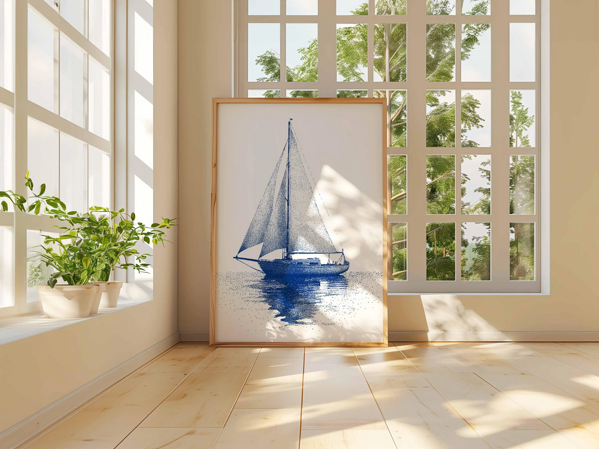 Niebieska grafika marynistyczna z żaglówką – minimalistyczna grafika ścienna z motywem oceanu, pointylistyczna ilustracja łodzi, plakat w stylu nadmorskim dla miłośników morza