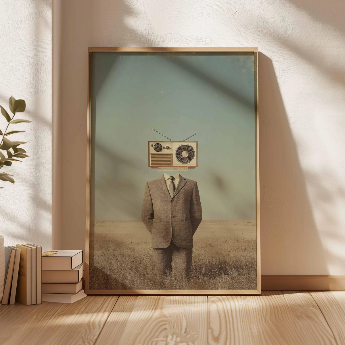 Surrealistyczny plakat z postacią z radiem zamiast głowy, surrealistyczna grafika w stylu retro, osobliwa dekoracja ścienna w stylu vintage, konceptualna sztuka absurdu, nietuzinkowy prezent dla niego