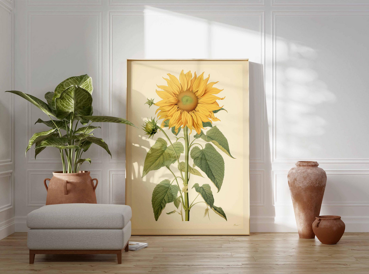 Plakat ze słonecznikiem w stylu vintage, botaniczna grafika ścienna z motywem kwiatowym, klasyczna ilustracja przyrodnicza, elegancka grafika kwiatowa do domu i salonu