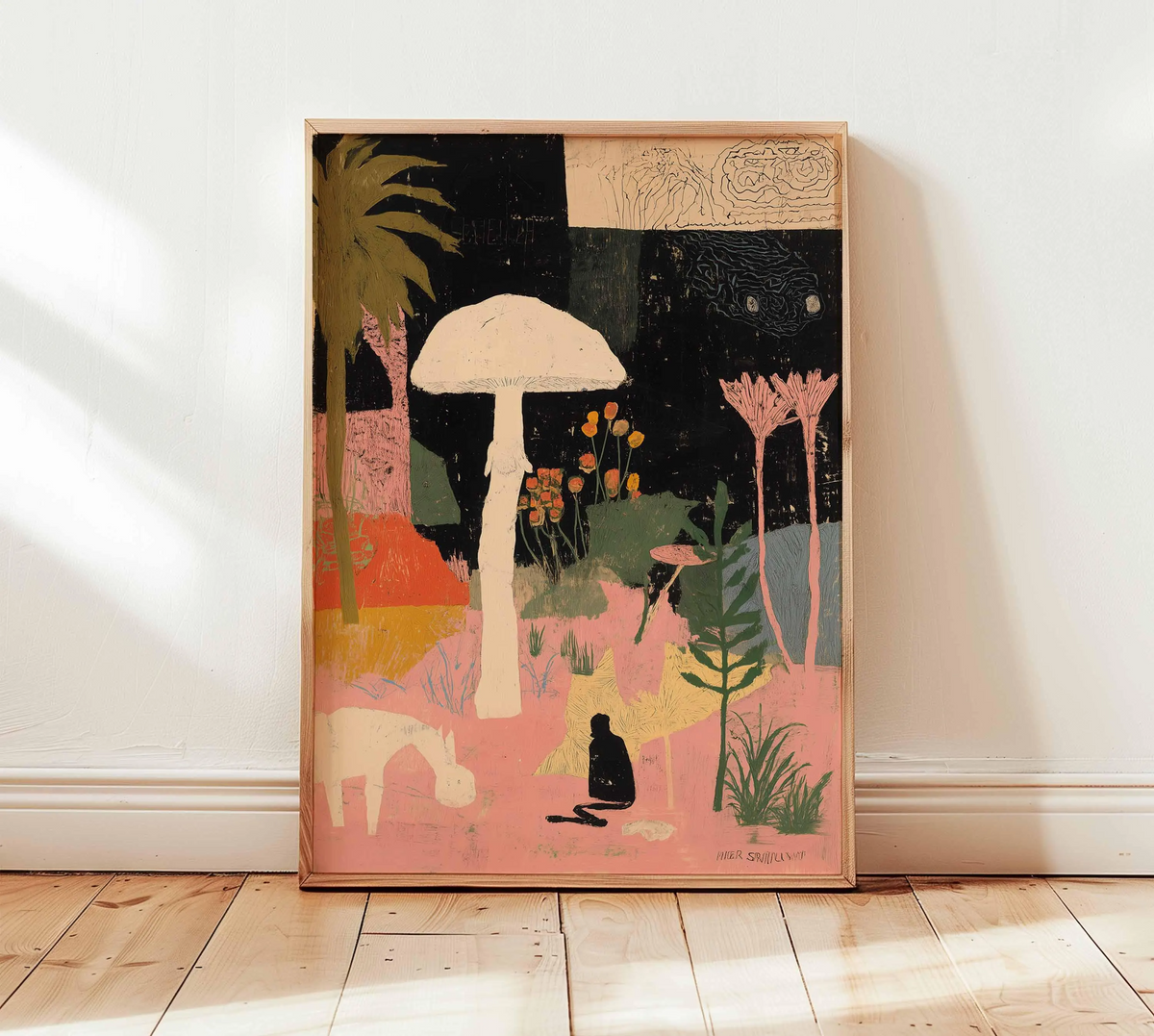 Surrealistyczny plakat z grzybami, fantazyjna grafika ścienna z motywem natury, ilustracja fantasy, psychodeliczna grafika w stylu boho, mistyczna dekoracja z motywem lasu i zwierząt