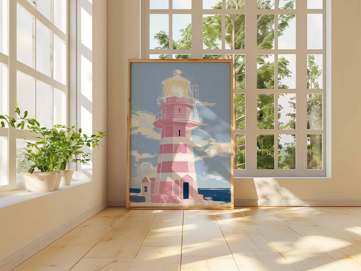 Plakat z różową latarnią morską, nowoczesne malarstwo o tematyce nadmorskiej, pastelowa dekoracja ścienna w stylu marynistycznym do domu nad morzem, wyjątkowy prezent