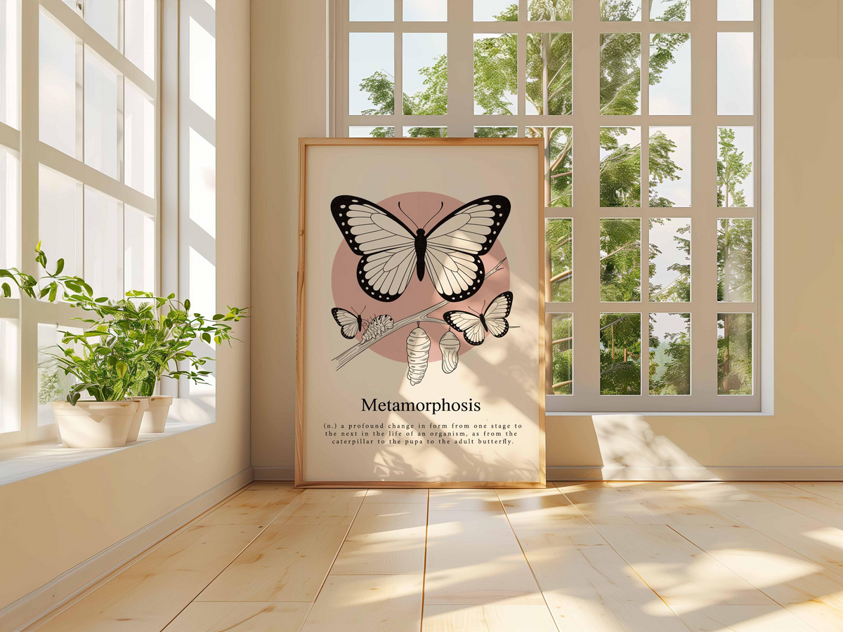 Grafika ścienna z motylem, plakat przedstawiający cykl życia z gąsienicą i kokonem, nowoczesna ilustracja przyrodnicza, minimalistyczna dekoracja botaniczna do domu