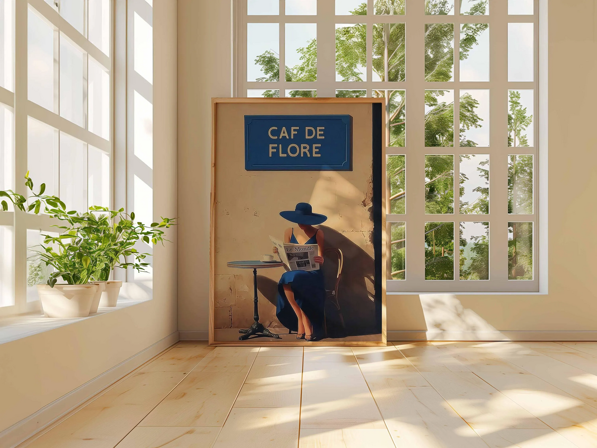 Grafika z kobietą w paryskiej kawiarni, plakat w stylu vintage, dekoracja ścienna do kuchni w paryskim stylu, prezent dla miłośnika kawy