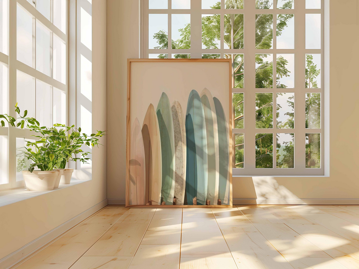 Plakat z deskami surfingowymi w stonowanych kolorach, minimalistyczna grafika w stylu boho, dekoracja do domu nad morzem, prezent dla surfera, dekoracja ścienna do pokoju niemowlęcego