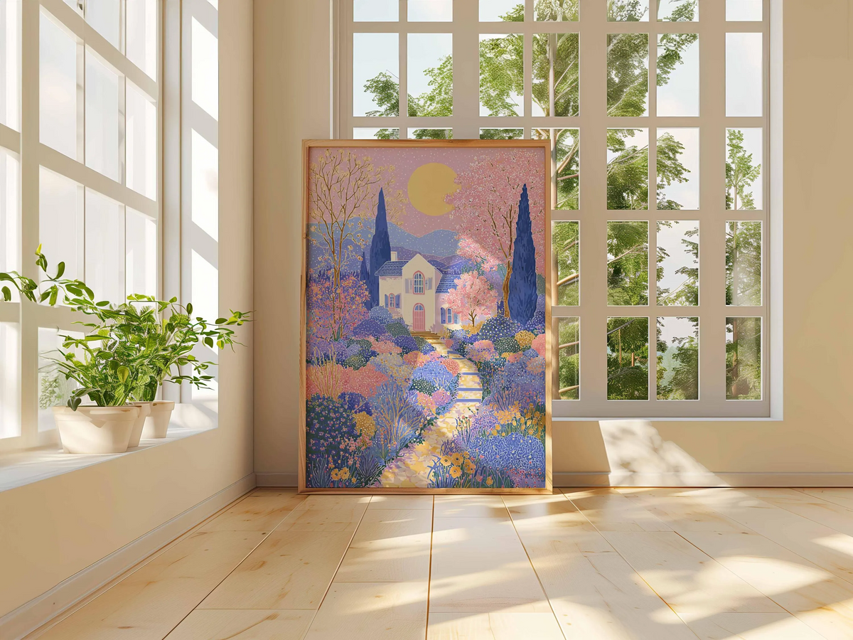Plakat z fantazyjnym domkiem i ogrodem w odcieniach różu i fioletu, barwna ilustracja fantasy, maksymalistyczna dekoracja ścienna w stylu cottagecore na prezent