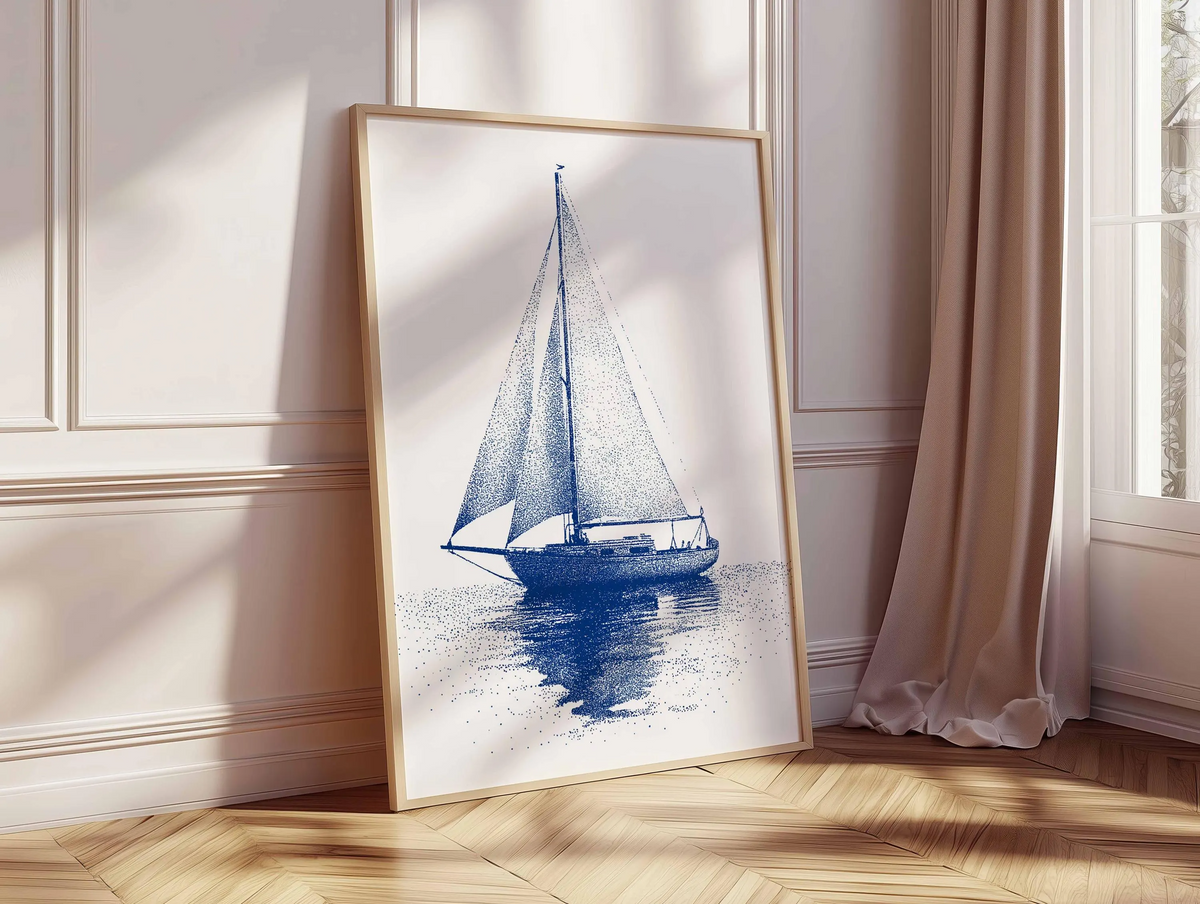 Niebieska grafika marynistyczna z żaglówką – minimalistyczna grafika ścienna z motywem oceanu, pointylistyczna ilustracja łodzi, plakat w stylu nadmorskim dla miłośników morza