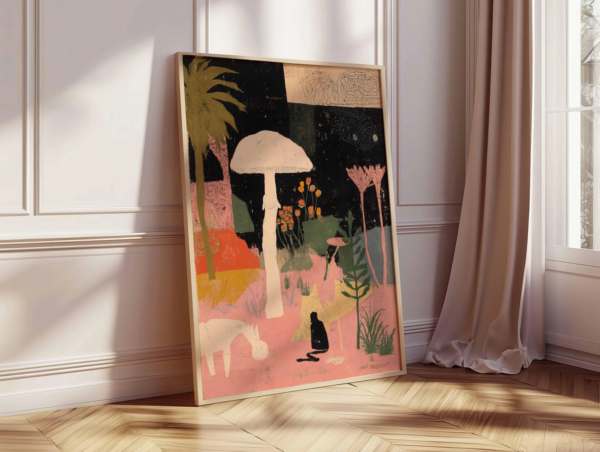 Surrealistyczny plakat z grzybami, fantazyjna grafika ścienna z motywem natury, ilustracja fantasy, psychodeliczna grafika w stylu boho, mistyczna dekoracja z motywem lasu i zwierząt