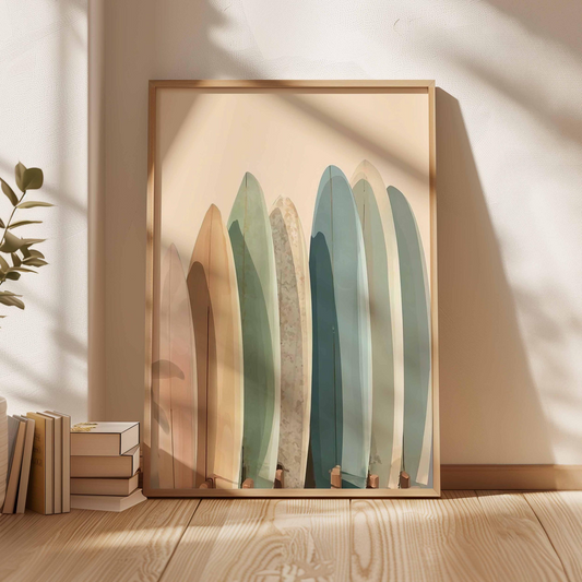 Plakat z deskami surfingowymi w stonowanych kolorach, minimalistyczna grafika w stylu boho, dekoracja do domu nad morzem, prezent dla surfera, dekoracja ścienna do pokoju niemowlęcego
