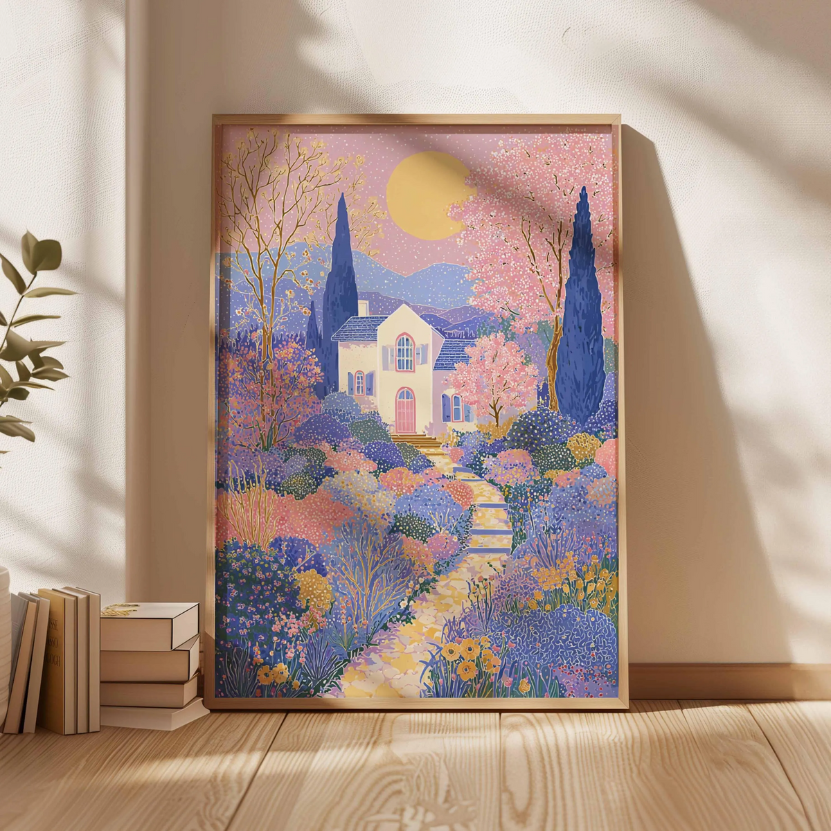 Plakat z fantazyjnym domkiem i ogrodem w odcieniach różu i fioletu, barwna ilustracja fantasy, maksymalistyczna dekoracja ścienna w stylu cottagecore na prezent