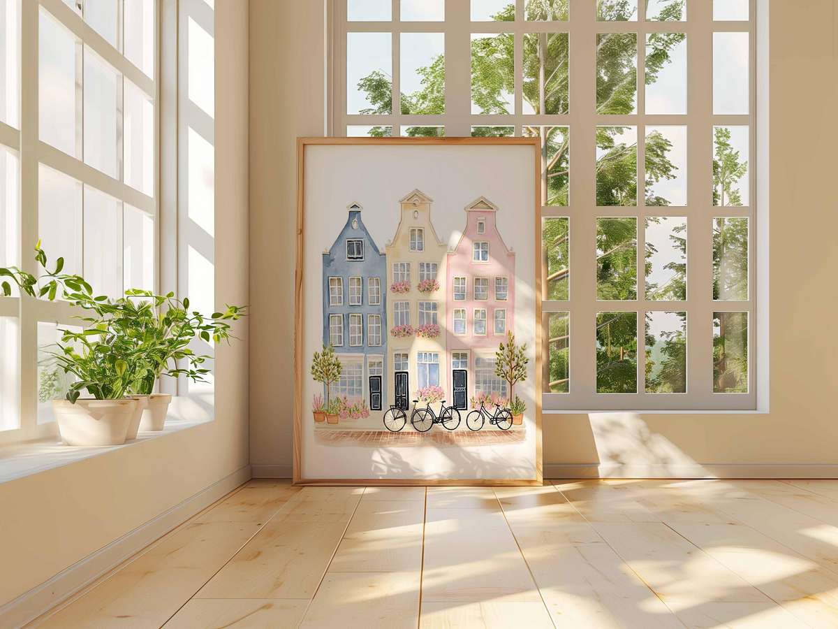 Plakat z europejskimi domami miejskimi w pastelowych kolorach, ilustracja akwarelowa, dekoracja do pokoju niemowlęcego z motywem podróży, prezent na parapetówkę