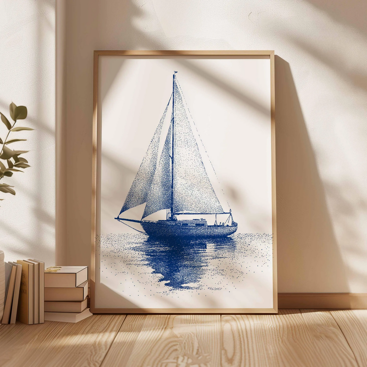 Niebieska grafika marynistyczna z żaglówką – minimalistyczna grafika ścienna z motywem oceanu, pointylistyczna ilustracja łodzi, plakat w stylu nadmorskim dla miłośników morza