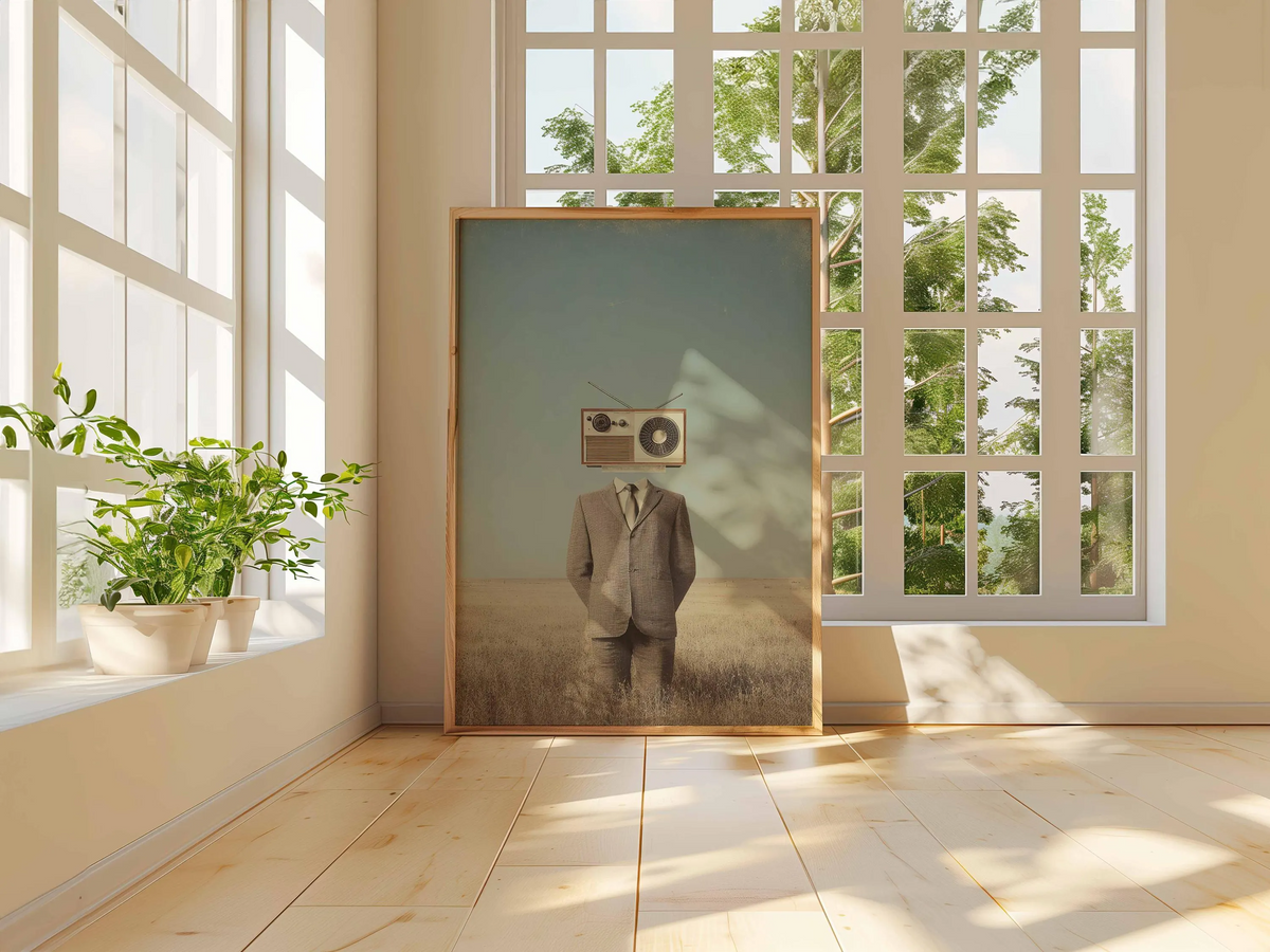Surrealistyczny plakat z postacią z radiem zamiast głowy, surrealistyczna grafika w stylu retro, osobliwa dekoracja ścienna w stylu vintage, konceptualna sztuka absurdu, nietuzinkowy prezent dla niego